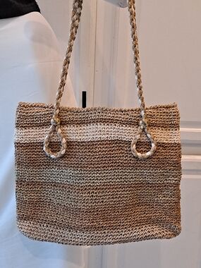 Made In Japan Vintage Woven Straw Striped Tote Bag in Brown and Cream Lined